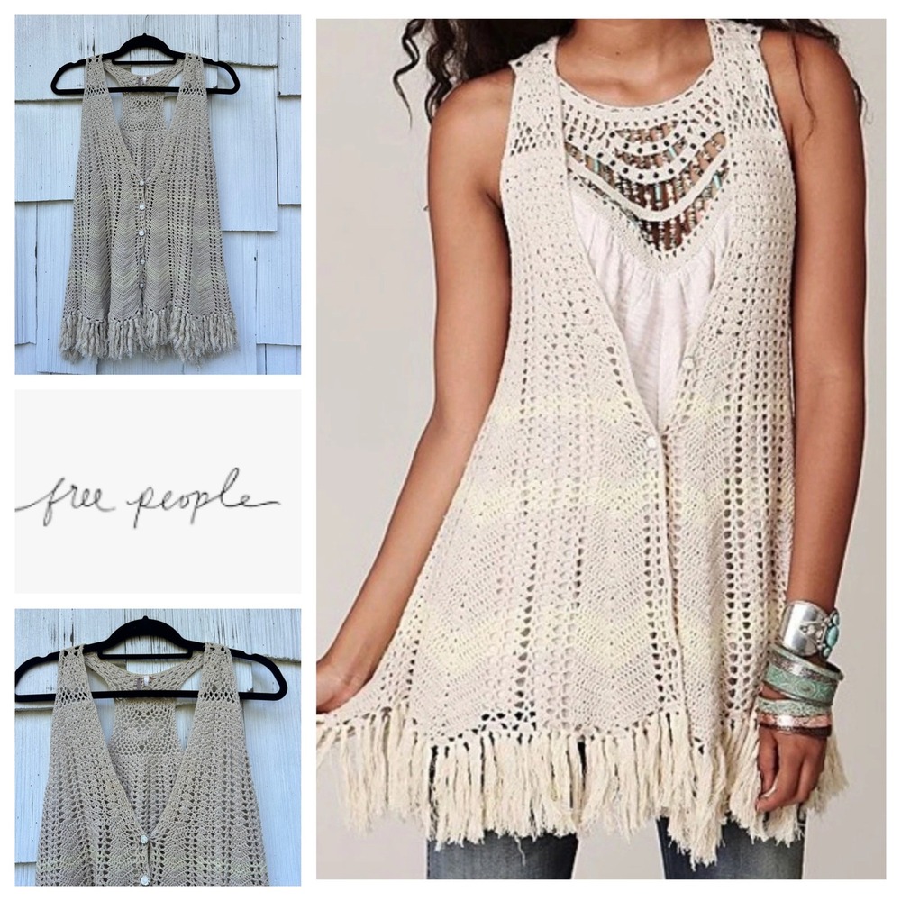 Free People Silk‎ Linen Crochet Fringe Vest Beige Boho Racerback Cardigan Medium
